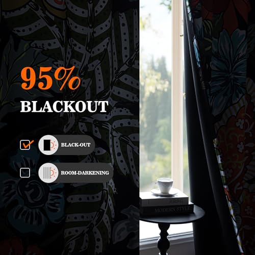 MYSKY HOME Black Boho Floral Blackout Curtains & Drapes for Bedroom 63 inch Long Black Out Curtain with Botanical Leaf Design for Living Room Thermal Insulated Room Darkening Drape, Pack-2, 52Wx 63L - color: Z-boho Floral and Leaf, size: 52"W x 63"L (Pack