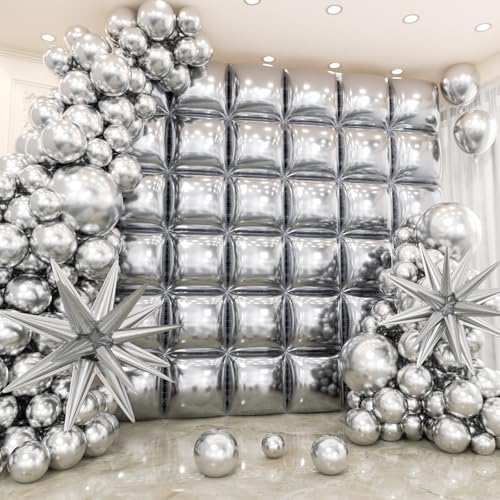 36pcs Metallic Silver Square Foil Balloons Wall Backdrop with 79pcs Balloon Garland Arch Kit, Double Sided Balloon for Bachelorette Baby Shower Birthday Anniversary Graduation Party Decorations - color: Silver