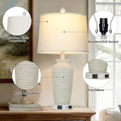 CINSARY 25" Retro White Farmhouse Jar Table Lamps for Living Room, 3 Way Touch Control Rustic Bedside Lamps with USB A+C Ports & AC Outlet, Pot Nightstand Lamps for Bedroom (LED Bulbs Included) - color: Retro-White-1Pack