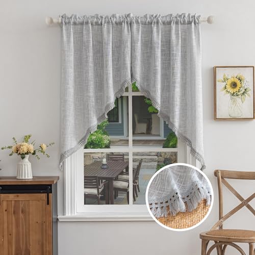 Beda Home Tassel Linen Textured Swag Curtain Valance, Grey, 36 x 45 in - color: Grey, size: 36"W x 45"L (Pack of 2)