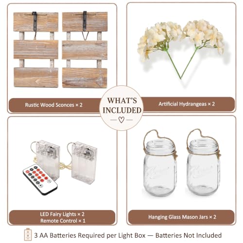 Rustic Mason Jar Sconces Wall Decor, Brown, Set of 2 - color: 11.8"H Brown + Hydrangea