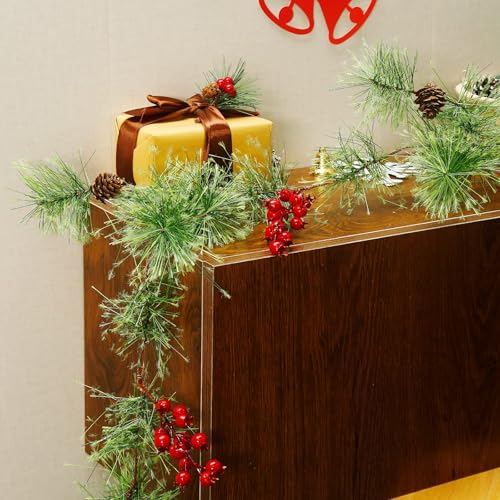 Christmas Garland with Lights, 6 FT Battery Operated Garland with 60 LED Lights, Timer, Lighted Garland with Berries Pine Cones for Mantle Stairs Railing Home Xmas Decoration Indoor