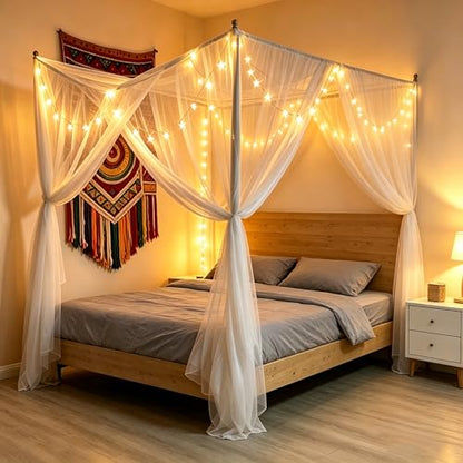 4-Opening Mosquito Net Bed Canopy with 66ft LED Lights, White - color: White+lights
