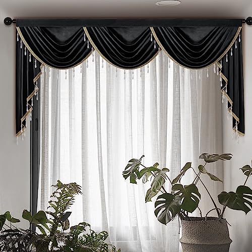 ELKCA Luxury Black Velvet Curtain Valances for Living Room with Beads(98inch,1 Panel) - color: Black, size: 98"W x 43"L (Pack of 1)