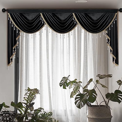 ELKCA Luxury Black Velvet Curtain Valances for Living Room with Beads(98inch,1 Panel) - color: Black, size: 98"W x 43"L (Pack of 1)