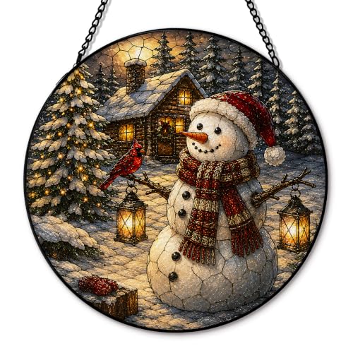 Christmas Snowman Suncatcher Stained Glass Window Hanging, Winter Snowman Cardinal Xmas Sun Catchers Indoor Window Glass Round Wall Decor, Christmas Wall Art Hanging Decorations, 7.8x7.8in - color: Snowman