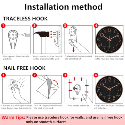 Modern Silent Wall Clock, 14 Inch Wall Clocks Battery Operated | Large Number, Non-Ticking Analog Clock with Tempered Glass Quartz Clocks for Living Room Bedroom Office Kitchen, Black Rose - color: Black Rose Gold, size: 14 Inch