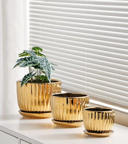 Plant Pots,Ceramic Flower Pots with Drainage Holes & Saucers Set of 3（Gold） - color: Gold
