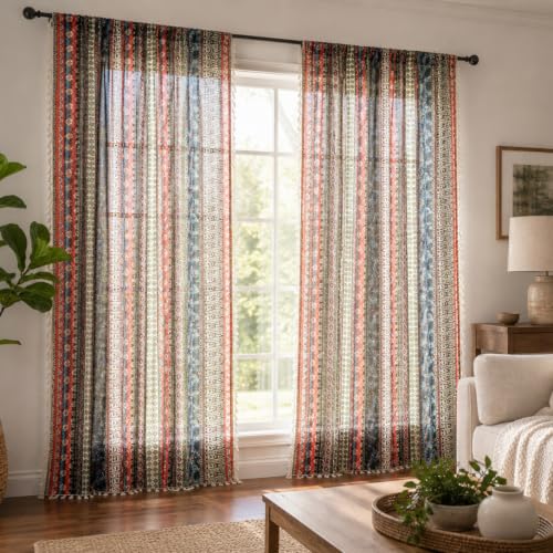 VOGOL Boho Tassel Window Curtains, 1 Panel Geometric Striped Bohemian Style Country Curtain, Cotton Linen Drapes for Bedroom Living Room, 59 x 63 Inches - color: C4, size: 59"W x 63"L (Pack of 1)