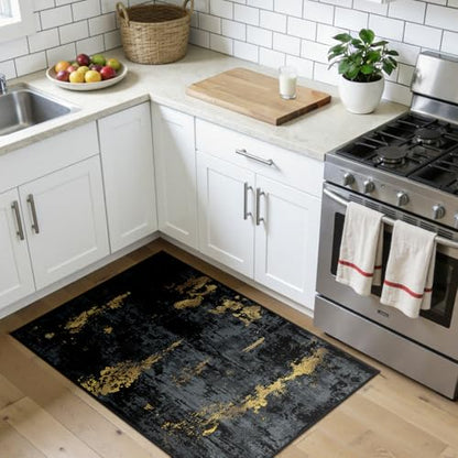 RELEANY Washable 3'x4' Abstract Area Rug for Living Room Black Gold - color: Black/Gold, size: 3' x 4' (Rectangular)