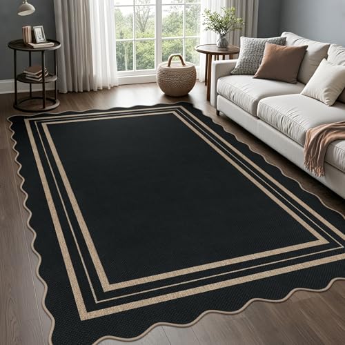 Scalloped 5x7 Rug for Living Room, Easy Jute Washable Outdoor Patio Carpet, Farmhouse Indoor Black Geometric Rug Neutral Non Slip Carpet for Living Room Backyard - color: Black Geometric, size: 5'x7' (Rectangular)
