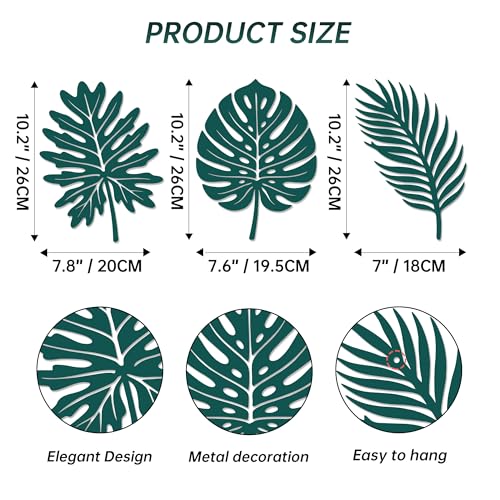 Rajukit Set of 3 Green Tropical Leaf Metal Wall Art – Monstera Leaf Decor, Boho & Leaves Wall Decor for Living Room & Bathroom(7.9" × 10.2",7.7" × 10.2",7.1" × 10.2")