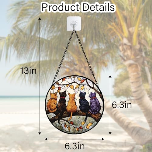 5 Cats on a Branch Stained Glass Window Hanging Suncatcher Gifts 6.3" - color: Black, size: 6.3x6.3 IN