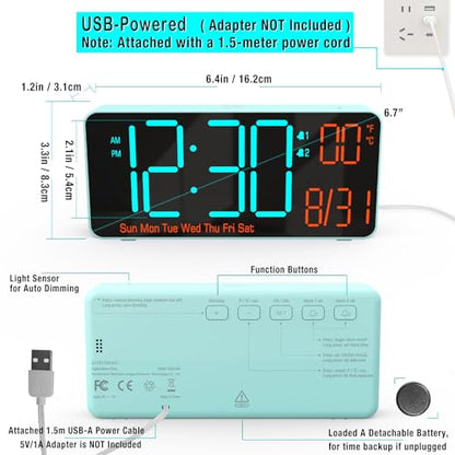 KOSUMOSU Alarm Clock for Bedroom, 6.7in Small Digital Clock, Auto Dimming, Room Temperature, Day of The Week, Date, Alarm Clocks for Living Room, Desk Clocks - color: Blue (Blue + Orange Digits)