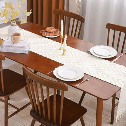 Boho Table Runner 12×120 Long with Tassels Beige Wave Fall Decor - color: Beige Wave