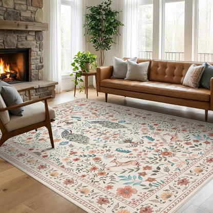 Garvee Floral 5x7 Area Rugs Washable Living Room Rug Entryway Rug Beige - color: Beige, size: 5' x 7' (Rectangular)
