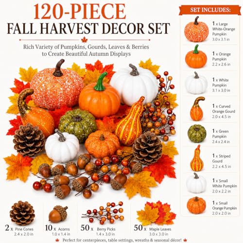 120-Piece Fall Harvest Decor Set with Artificial Mini Pumpkins and Gourds