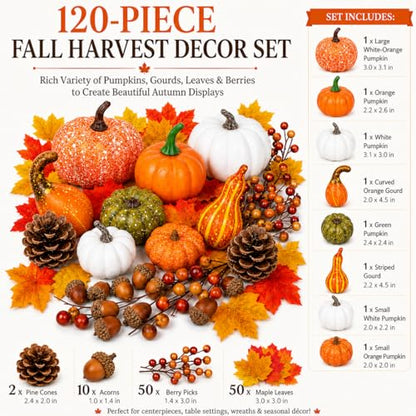 120-Piece Fall Harvest Decor Set with Artificial Mini Pumpkins and Gourds