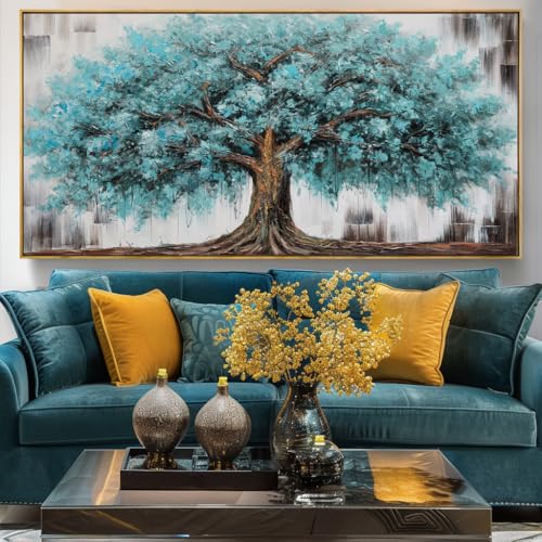 Wall Art Tree of Life Abstract Modern Artwork Blue Teal Tree Canvas Painting for Bedroom Living Room Office Large Decor 60X30in with Framed - color: Teal Tree, size: 60"L x 30"W