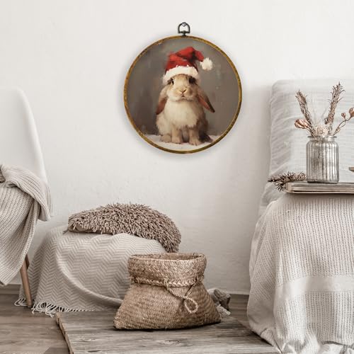 XPH Vintage Christmas Bunny Round Wall Art Framed, Rustic Christmas Rabbit Circle Wall Decor, Cottage Cozy Winter Xmas Bunny Hanging Canvas Prints for Home Bedroom Living Room Decoration, 10x10 Inch - color: Christmas 02
