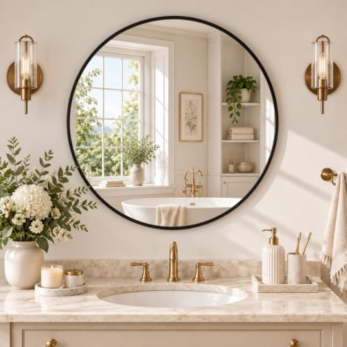 BEAUTYPEAK 24 Inch Round Mirror, Metal Frame Circle Mirror, Black - color: Black, size: 24"L x 24"W