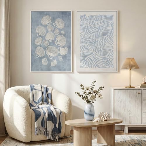 Large Framed Abstract Coastal Blue White Wall Art for Living Room, 24x36 In - color: Blue White, size: 24" W x 36" H x 2Pcs
