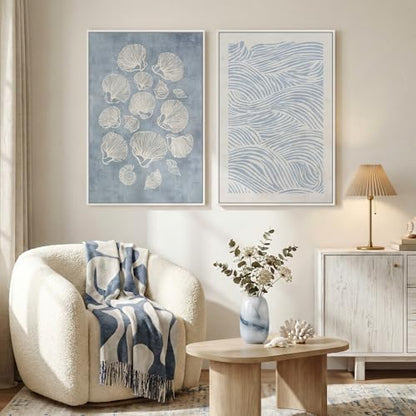 Large Framed Abstract Coastal Blue White Wall Art for Living Room, 24x36 In - color: Blue White, size: 24" W x 36" H x 2Pcs