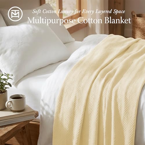 Threadmill Luxury 100% Cotton Queen Herringbone Blanket, Vanilla Cream - color: Vanilla Cream, size: Queen (90" x 92")