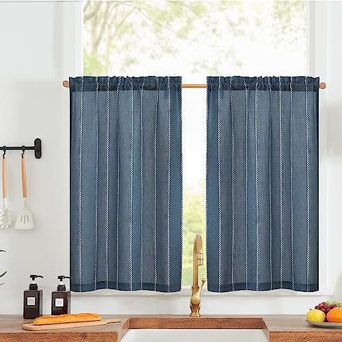 jinchan Linen Striped Tier Curtains for Kitchen Windows Nautical - color: Nautical Striped | Blue, size: 26"W x 24"L (Pack of 2)