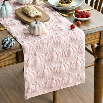 Artoid Mode Pink Soft Faux Fur Pumpkins Fall Table Runner 13x72 Inch - color: Pink, size: 13" x 72", Table Runner
