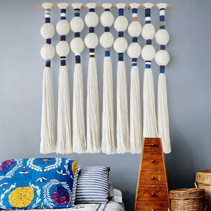 Macrame Wall Hanging Spherical Cotton Rope Woven Tassel Decor 27"W*29"L - color: White and Blue