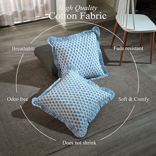 CPC Apatite Blue Block Print Ruffle Pillow Cover 18x18 Inch, Pack of 2 - color: Apatite Blue, size: 18" x 18" (Pack of 2)