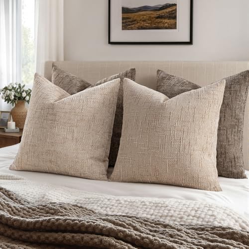 MIULEE Chenille Textured Throw Pillow Covers Oatmeal 18x18 Set of 2 - color: Oatmeal, size: 18" x 18" (Pack of 2)