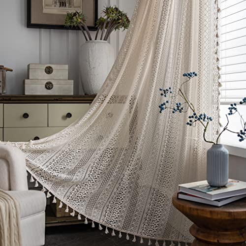 Sutuo Home Boho Curtains 120 inches Long for Bedroom Living Room Patio, Crochet Lace Sheer Bohemian Extra Long with Vintage Chic Tassels,Window Treatment Drape, Single 1 Panel 59" W x 120" L, Beige - color: Beige Crochet, size: 59"W x 120"L (Pack of 1)