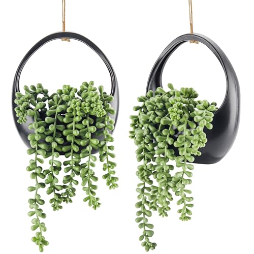 Der Rose 2 Pack Fake Hanging Plants in Black Pots for Bathroom Wall Decor | Realistic string of pearls, adjustable hanging ropes, no watering, fit for bedroom office kitchen boho wall decor - color: Black, size: 5.9"W * 13.5"H