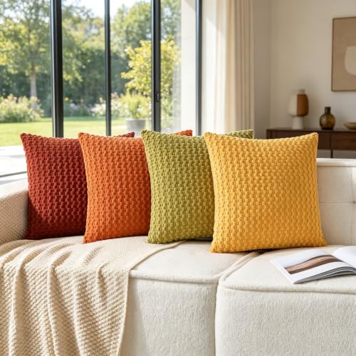 ZONYO Throw Pillow Covers 18x18 Set of 4, Soft Bubble Texture Corduroy Decorative Pillows, Fade Resistant Washable Cushion Covers for Couch Sofa Bed, Boho Farmhouse Living Room Outdoor Fall Decor - color: Orange Yellow