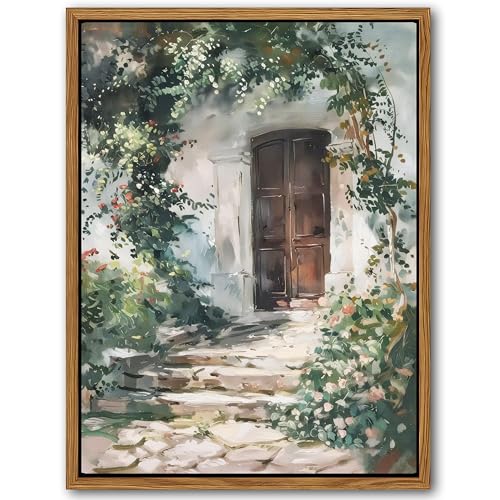 Floating Framed Canvas Vintage Wall Art, Rustic Cottage Spring Garden Oil Paintings Print, Country Floral Pictures Wall Decor for Living Room Bedroom Office Home Decor 16x24 inch - color: Flowers in front of the door, size: 24"L x 16"W