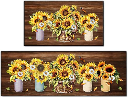 Sunflower Kitchen Decor Rug 2 Piece Set, Summer Country Farmhouse Style Kitchen Floor Mat, Absorbent and Washable Runner Decorations Rug 17×30+17×47 Inches - color: Sunflower