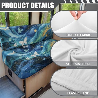 Butterfly Marble Blue Gold Print RV Dinette Cushion Covers 2 Pieces Scratch-Resistant Camper Seat Covers Dinette Booth Elastic RV Couch Cover Loveseat Sofa Chair Cover - color: Butterfly Marble Blue Gold