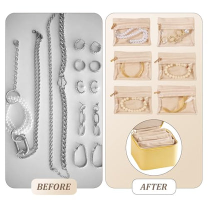 Travel Jewelry Case with 6 Velvet Zipped Pouches Bags, Yellow - color: Yellow - 6 Pouch