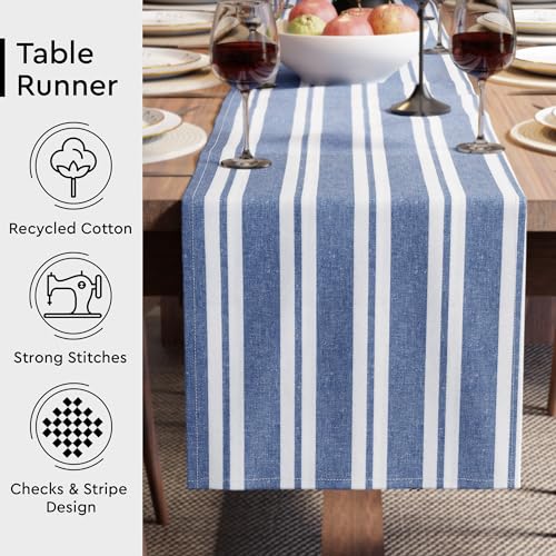 Encasa XO Table Runner, Woven Cotton Dining Linens 13"x72" Blue - color: Franca Blue Stripes, size: 13x72 in