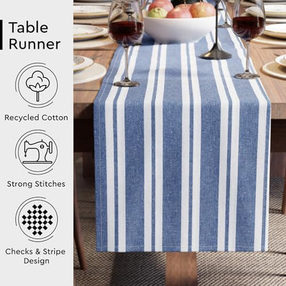 Encasa XO Table Runner, Woven Cotton Dining Linens 13"x72" Blue - color: Franca Blue Stripes, size: 13x72 in