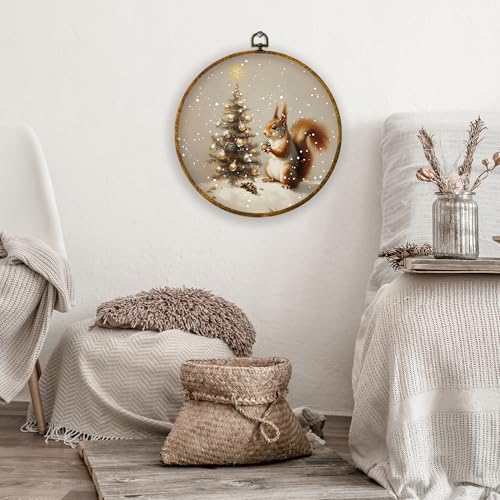 XPH Vintage Christmas Squirrel Round Wall Art Framed, Whimsical Christmas Tree Circle Wall Decor, Cozy Winter Squirrel Hanging Canvas Prints for Home Bedroom Living Room Decoration, 10x10 Inch - color: Christmas 03