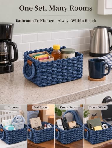 Small Wicker Baskets, 3 PCS Paper Rope Baskets for Shelves, Blue - color: Blue