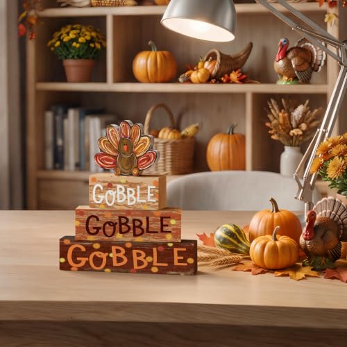 Smile Thanksgiving Wooden Block Signs, Gobble Turkey Decorations - style: Turkey