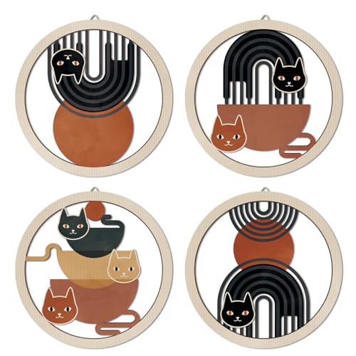 HPNIUB Boho Black Cat Wall Decor, Farmhouse line Geometric Coffee Tea Hanging Wooden Wall Art, 4 Pieces 10''x10'' Mid Century Abstract Sun Wood Sign for Nursery Bedroom Decoration, Lovely Cat Gifts - color: Lovely cat