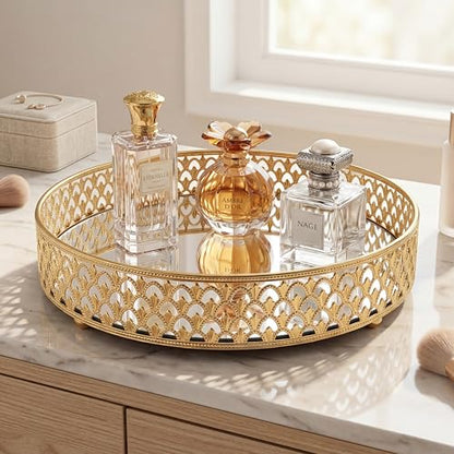 10 Inch Glass and Gold Round Tray Set of 2，Dinner Plate Perfume and Vanity Tray Decorative Mirrored Vanity Tray with Gold Metal Cutout Design, Jewelry (10 Inch Round Set of 2)