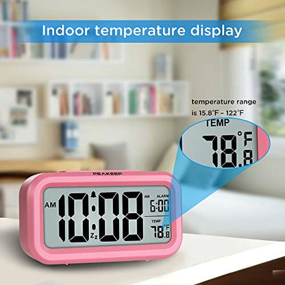 Peakeep Night Light Digital Alarm Clock Battery Operated Indoor Temperature - color: Pink