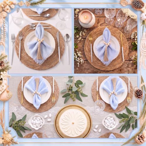 Fanfanwin Set of 6 Boho Woven Placemats with Light Blue Napkins, 13 in - color: Light Blue
