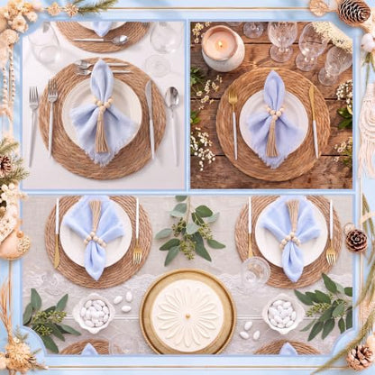 Fanfanwin Set of 6 Boho Woven Placemats with Light Blue Napkins, 13 in - color: Light Blue